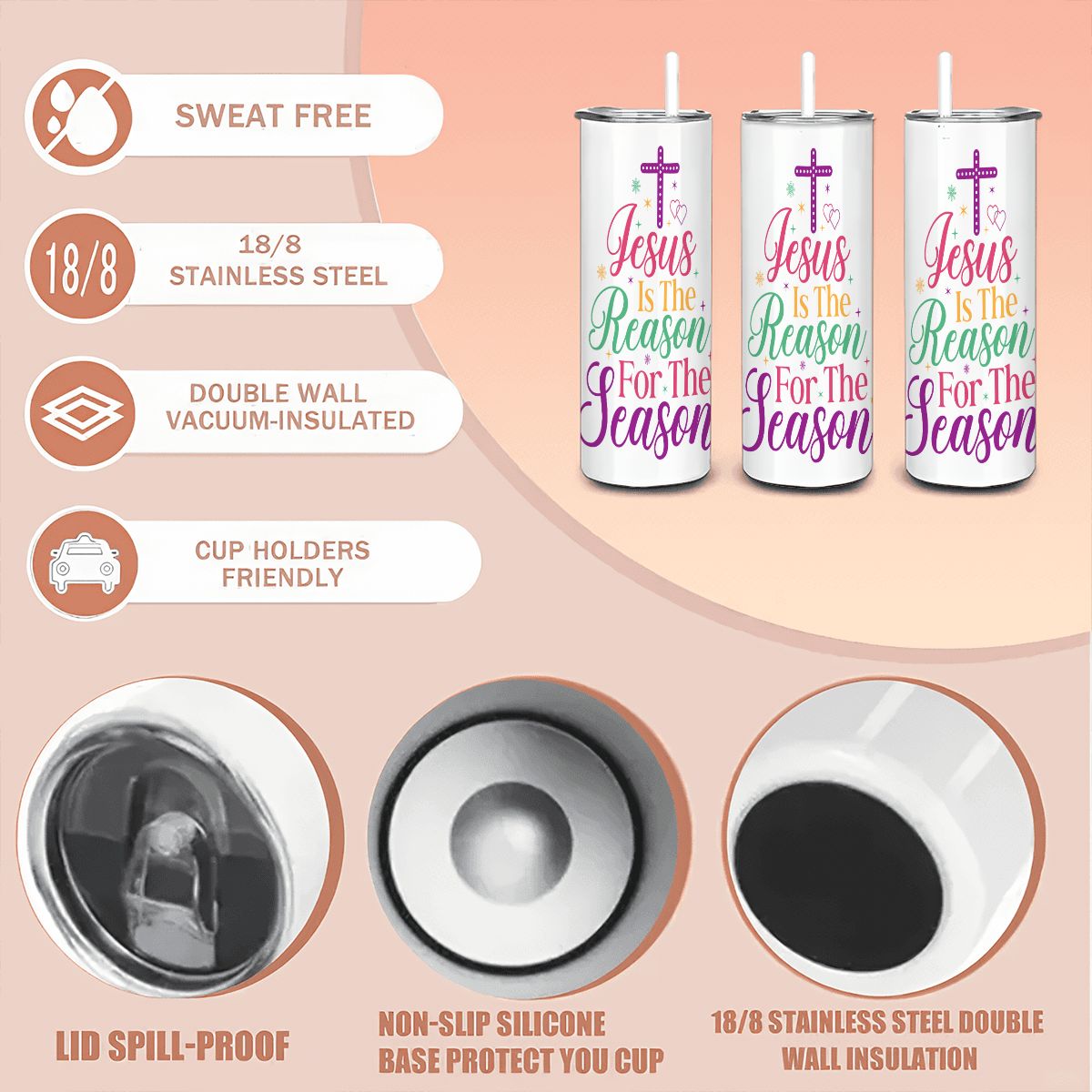 Jesus is the Reason for the Season 20oz Straight Stainless Steel Tumbler with Straw(Made in USA)