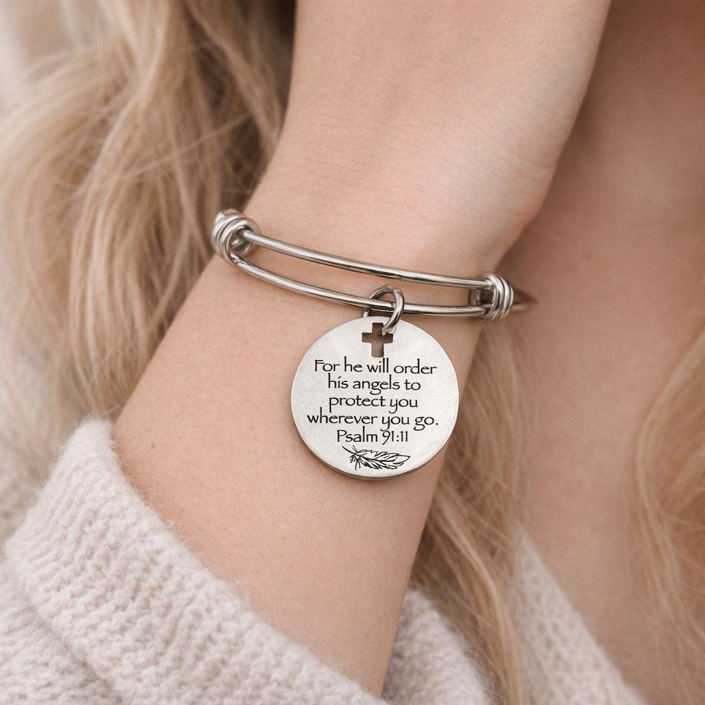 Psalm 91 11 Bracelet Stainless Steel Expanding Bangle Christian Jewelry Angel Protection Scripture Faith Gift