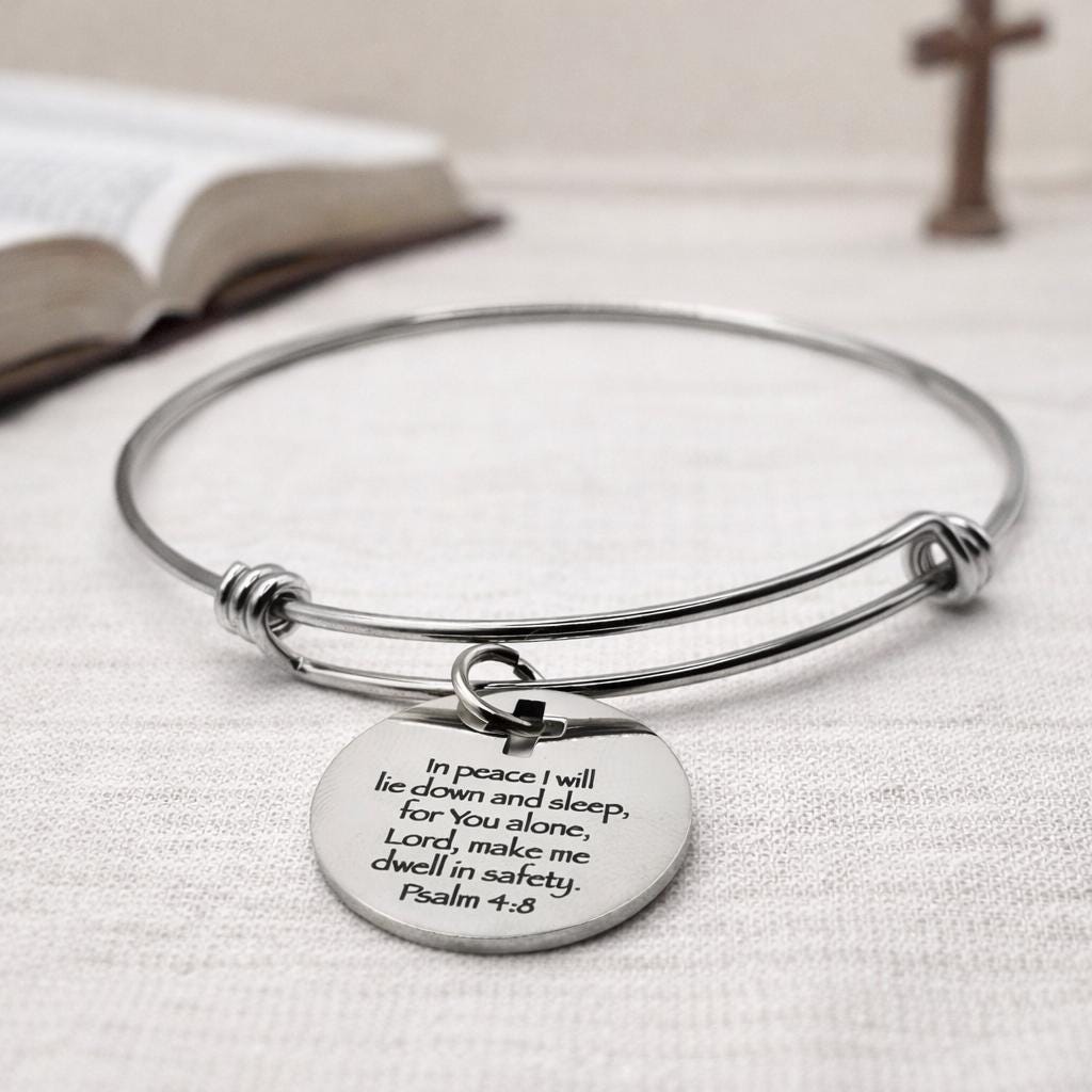 Psalm 4 8 Bracelet In Peace I Will Lie Down And Sleep Christian Scripture Expanding Bangle Faith Jewelry Gift